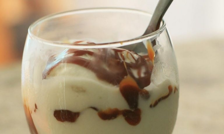 Sour Cream Ice Cream with Dulce De Leche Topping