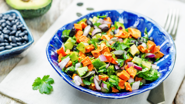 Baked Sweet Potatoes with Black Beans and Avocado Salad
